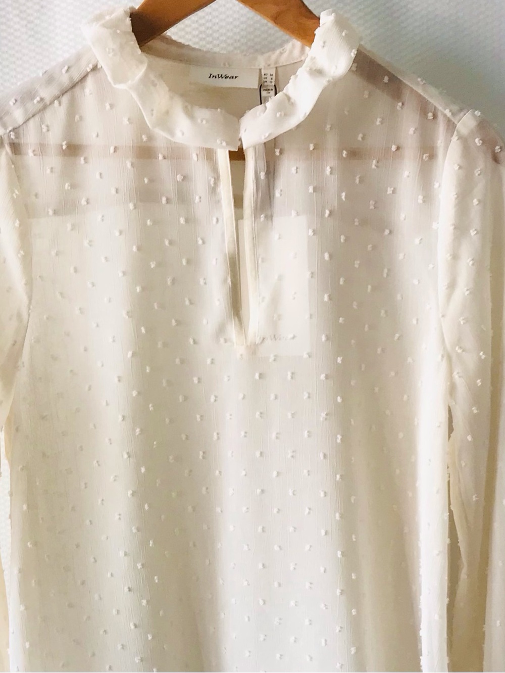NWT Swiss Dot Ruffle High Collar Semi Sheer Cream Blouse Size 6 whimsical